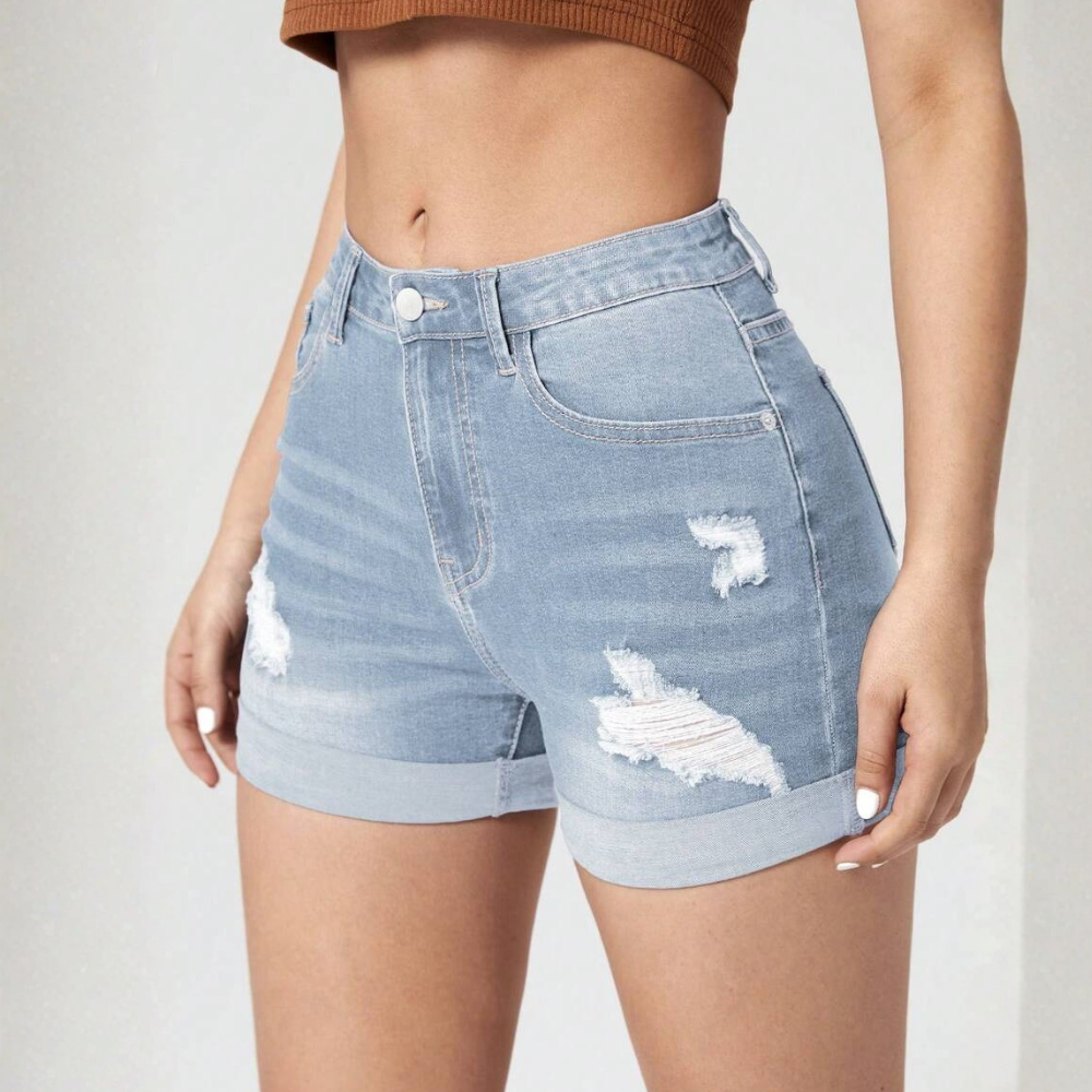 High Waist Frayed Edge Denim Shorts For Womens
