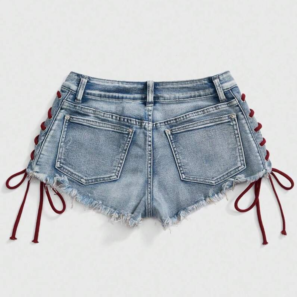 Spring And Summer Retro Sports Embroidered Drawstring Low Waist Shorts For Women