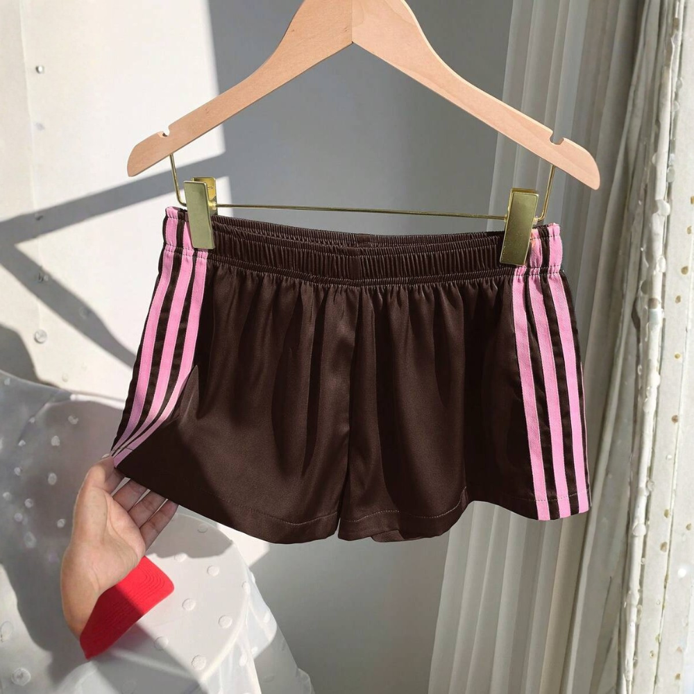 Vintage Washed Knit Cotton Striped Wide Shorts For Women