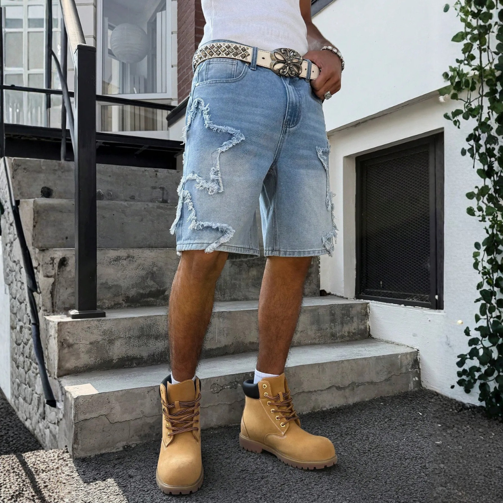 Men’s Distressed Wide Leg Denim Shorts Streetwear