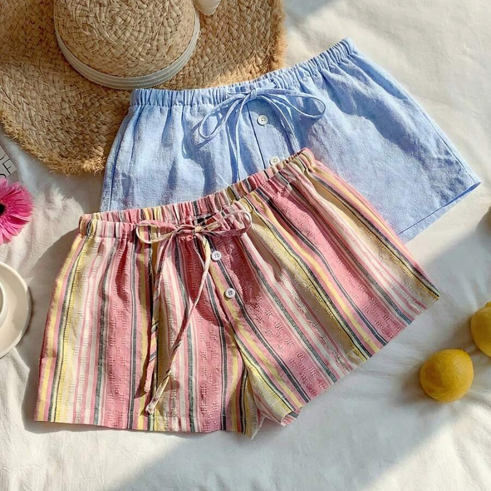 Pack Of 2 Striped Linen Shorts For Women