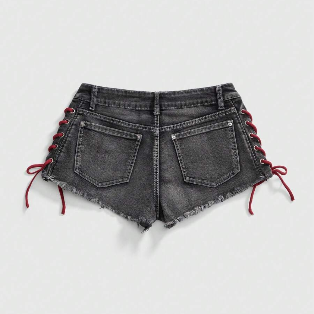 Spring And Summer Retro Sports Embroidered Drawstring Low Waist Shorts For Women