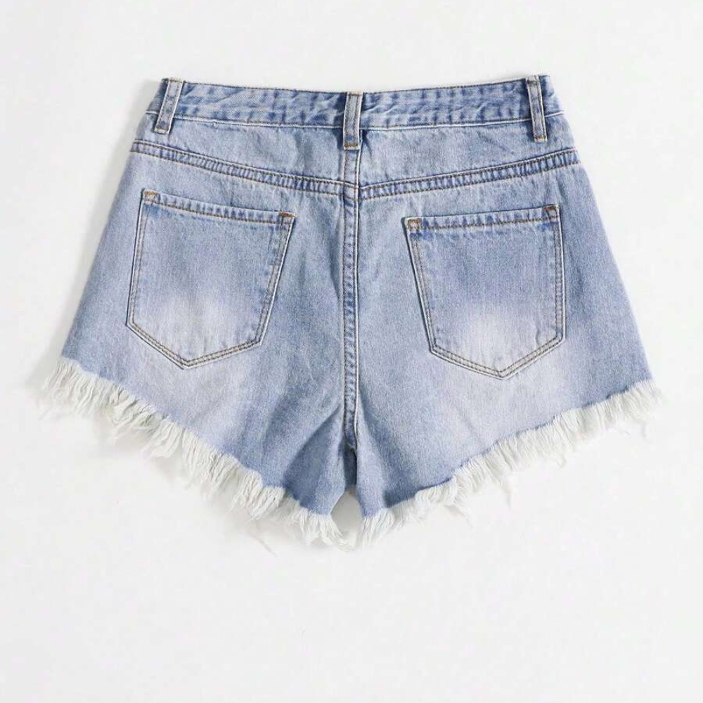 Fringe And Hem Everyday Denim Shorts Y2k Ripped For Women