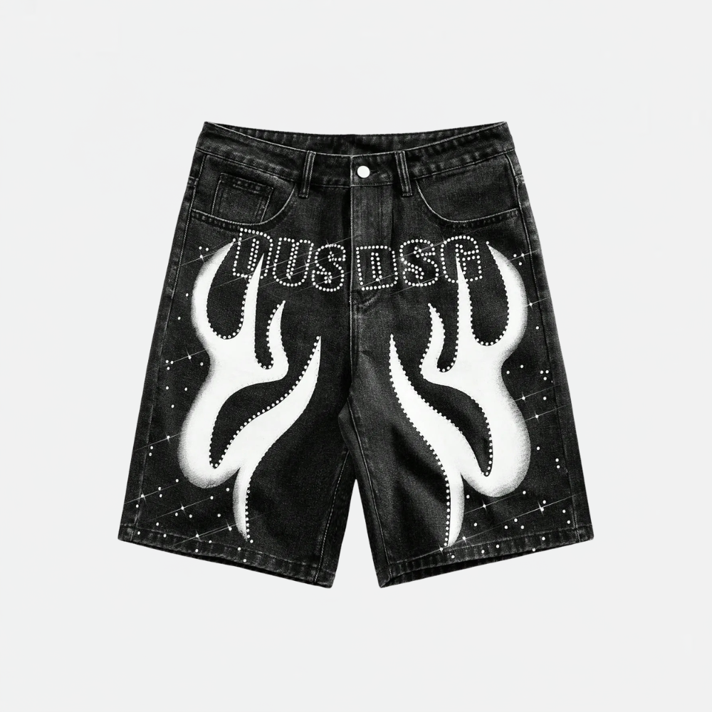 Men’s Washed Denim Shorts With Rhinestone Design