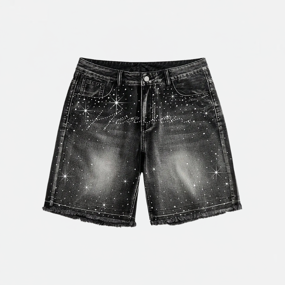 Men’s Washed Denim Shorts With Rhinestone Design