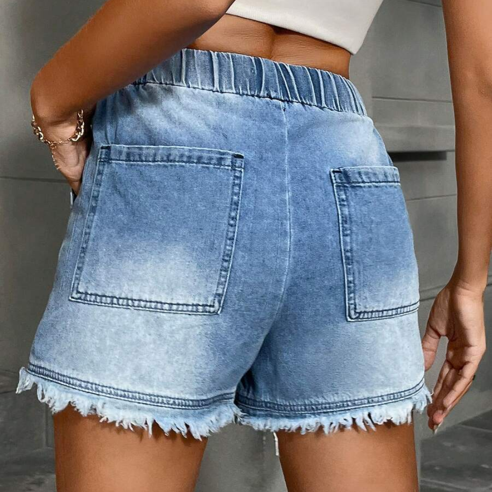 Casual Drawstring Frayed Hem Denim Shorts For Women