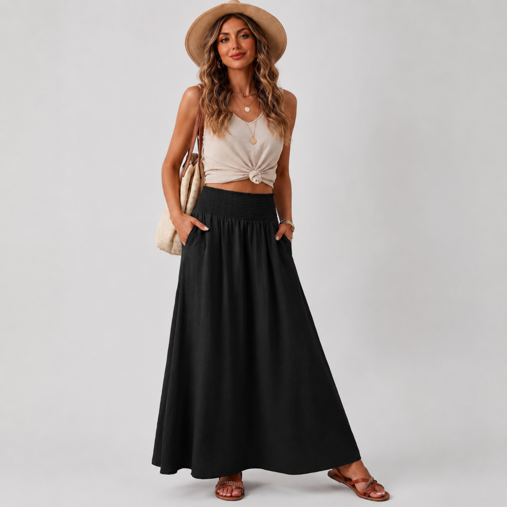 High Rise Pleated Boho Maxi Skirt With Pockets