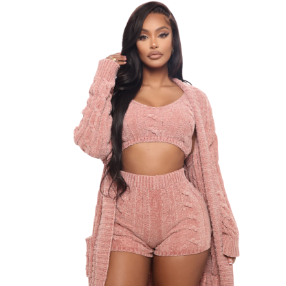 Cable Knit Crop Sweater Shorts And Cardigan 3 Piece Set For Women