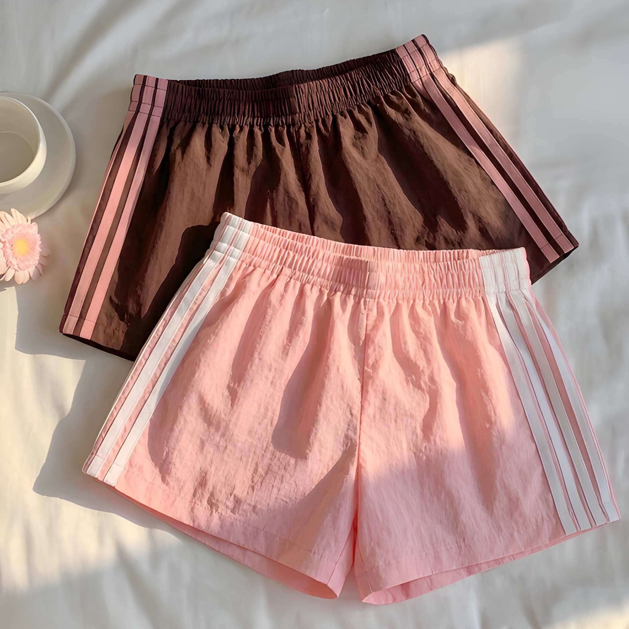 2 Pieces Piece Elastic Side Striped Casual Sports Shorts