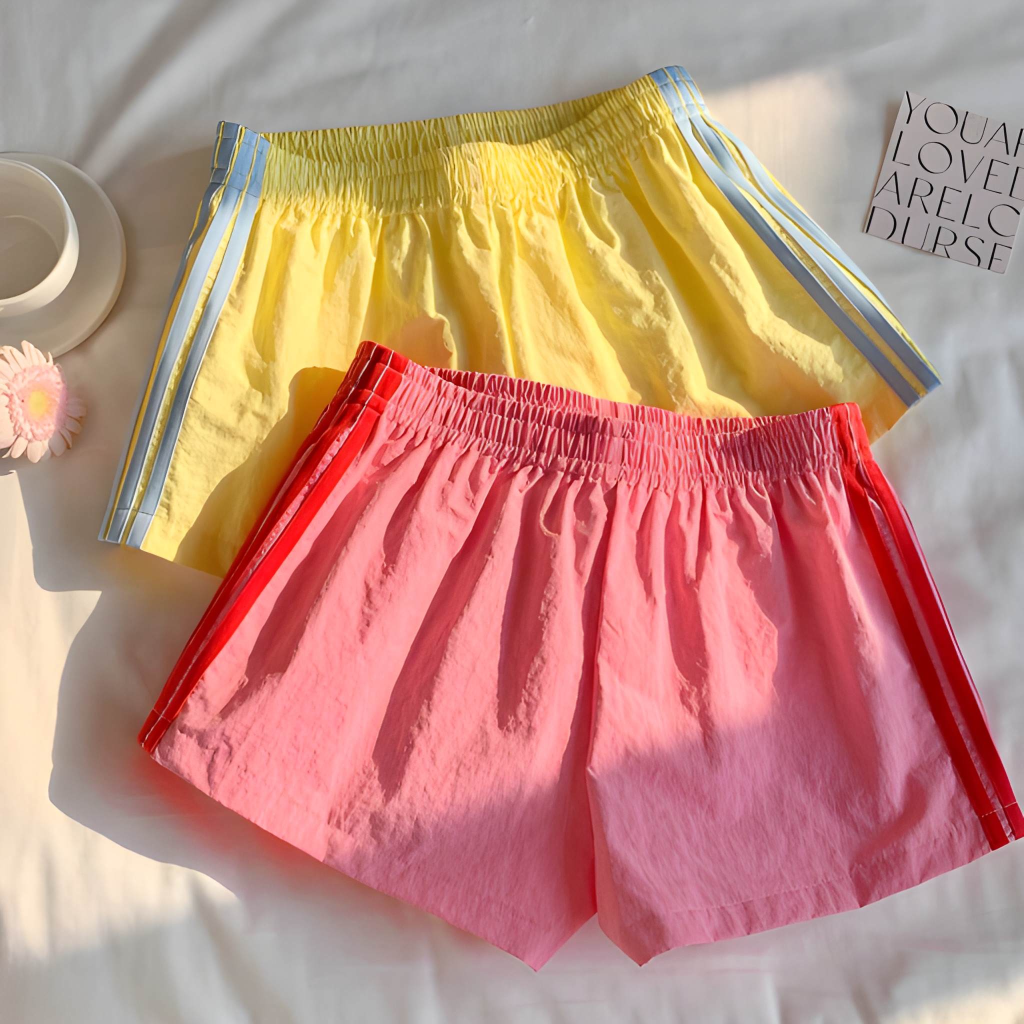 2 Pieces Piece Elastic Side Striped Casual Sports Shorts