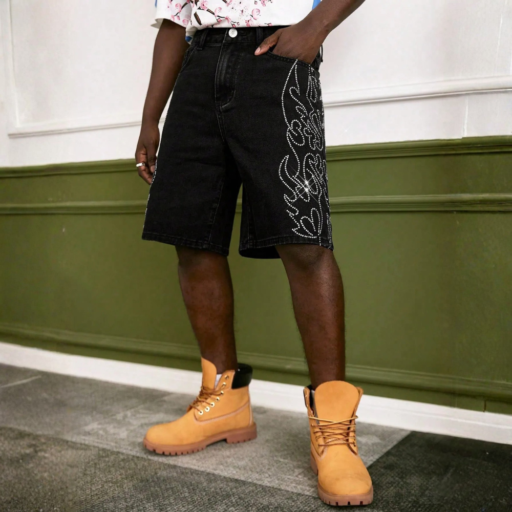 Men’s Distressed Wide Leg Denim Shorts Streetwear