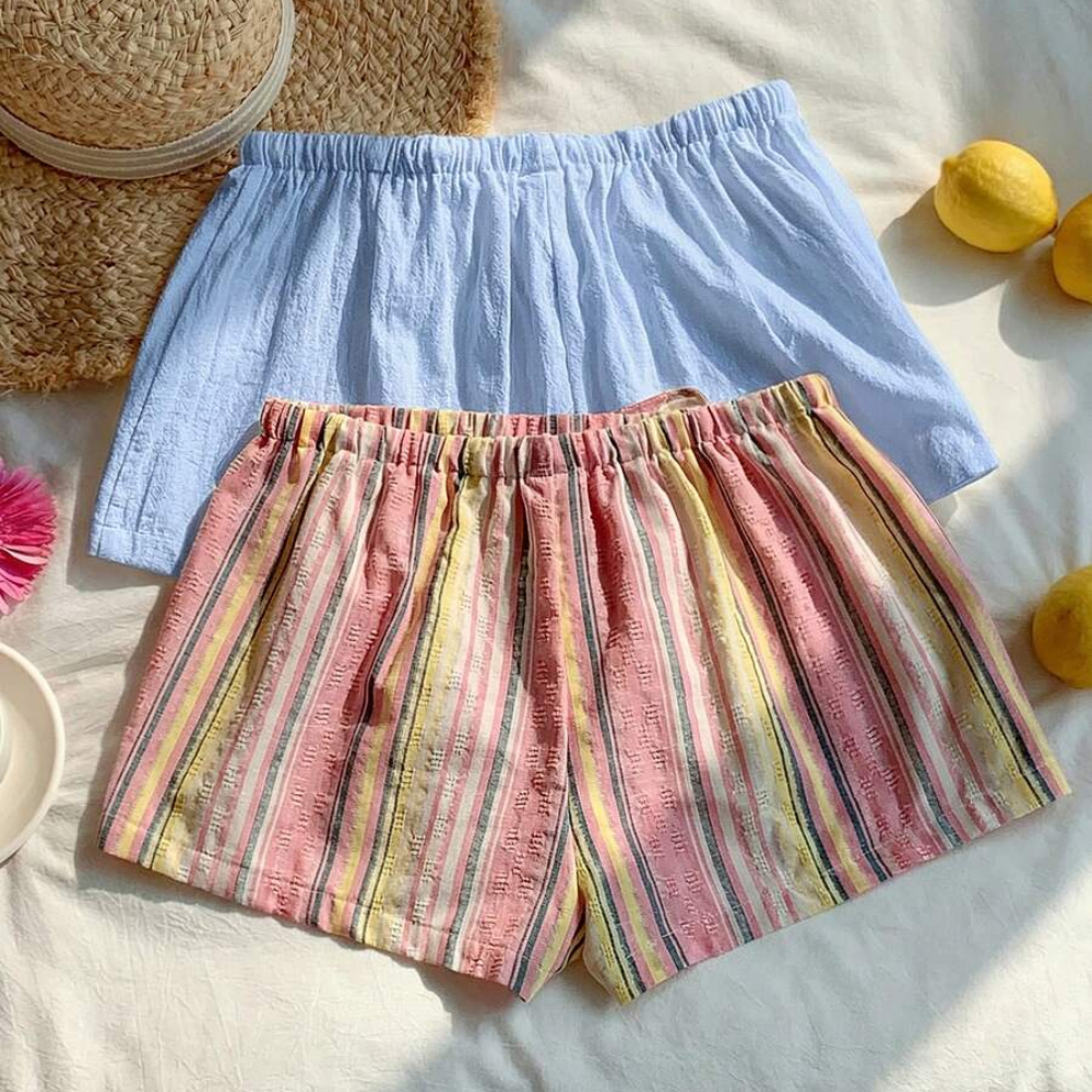 Pack Of 2 Striped Linen Shorts For Women