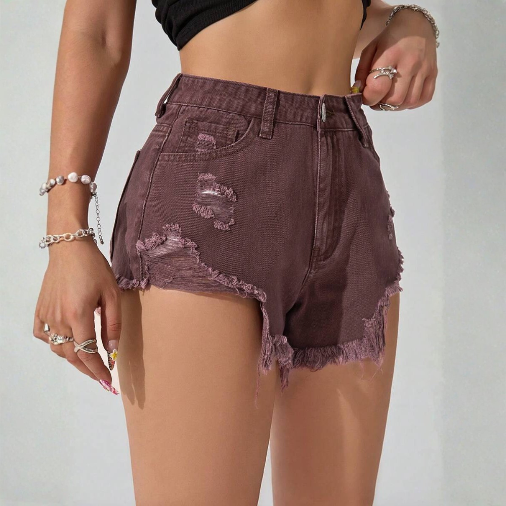 Fringe And Hem Everyday Denim Shorts Y2k Ripped For Women