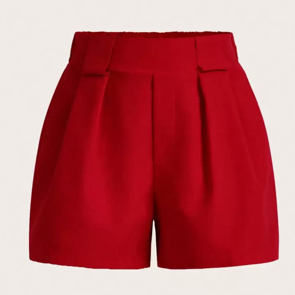 Solid Color Pleated Casual Pocket Shorts For Women