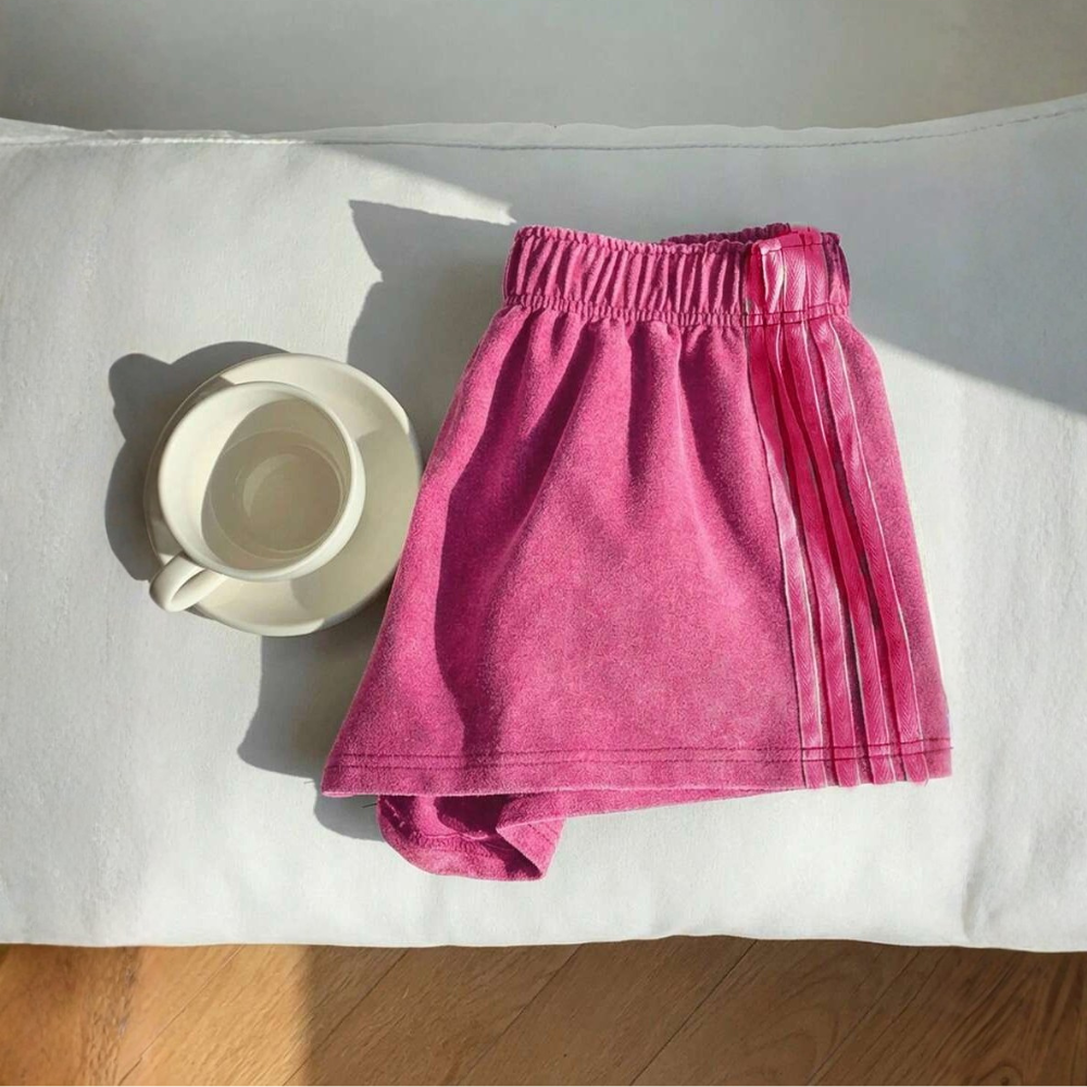 Vintage Washed Knit Cotton Striped Wide Shorts For Women