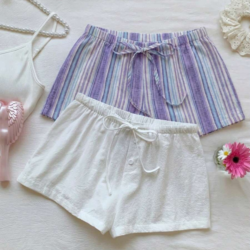 Pack Of 2 Striped Linen Shorts For Women