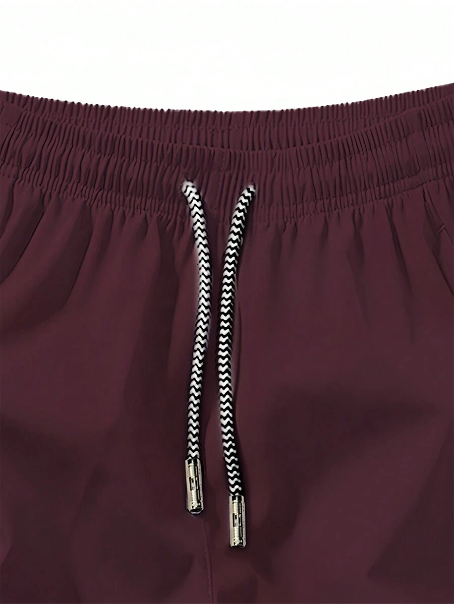 Men's Anti-Lost Drawstring Waist Sports Shorts With Zippered Pocket, 3/4 Length - Burgundy - View 3