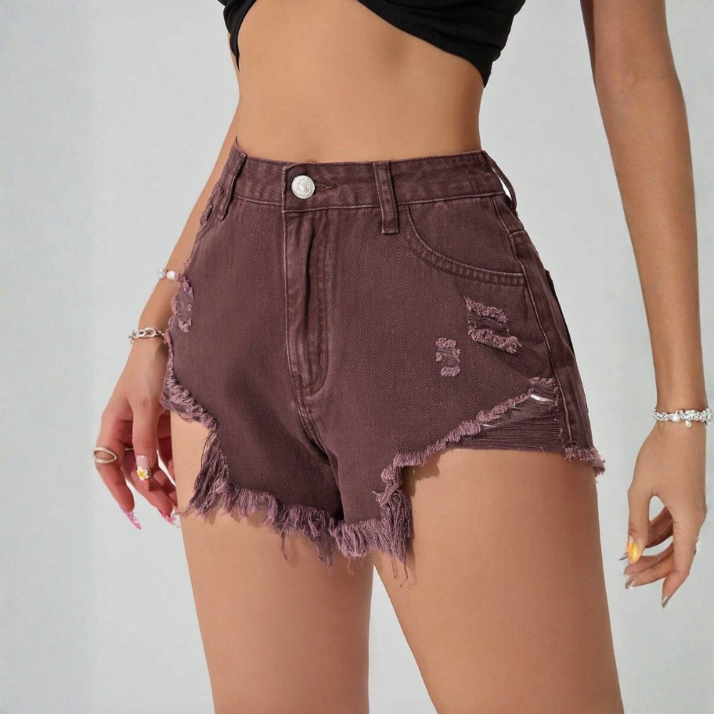 Fringe And Hem Everyday Denim Shorts Y2k Ripped For Women