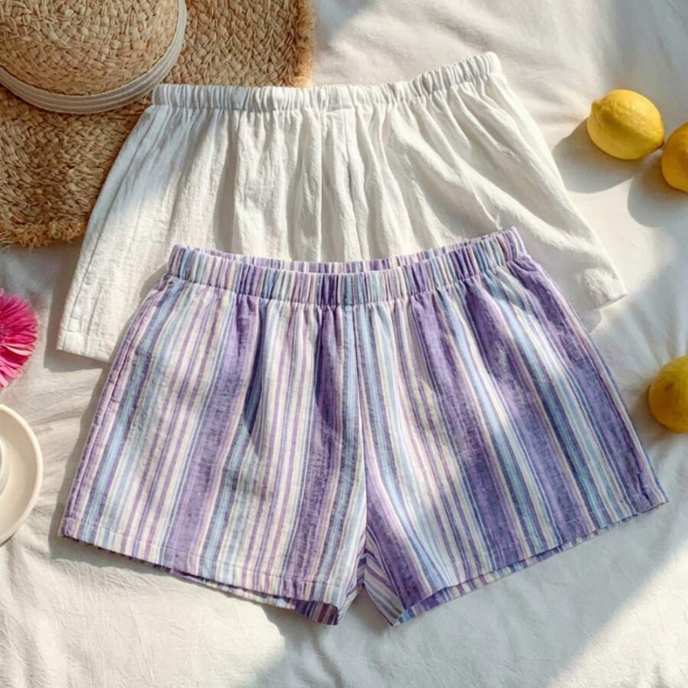 Pack Of 2 Striped Linen Shorts For Women