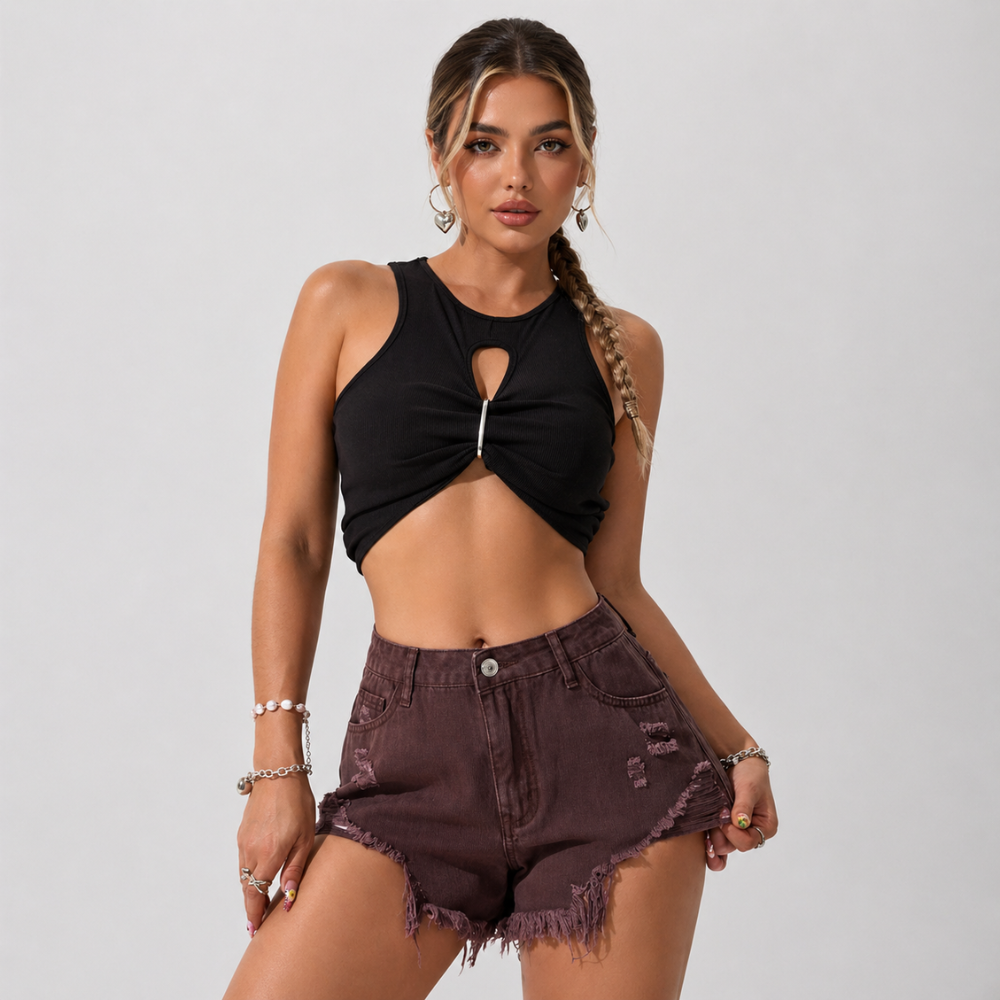 Fringe And Hem Everyday Denim Shorts Y2k Ripped For Women