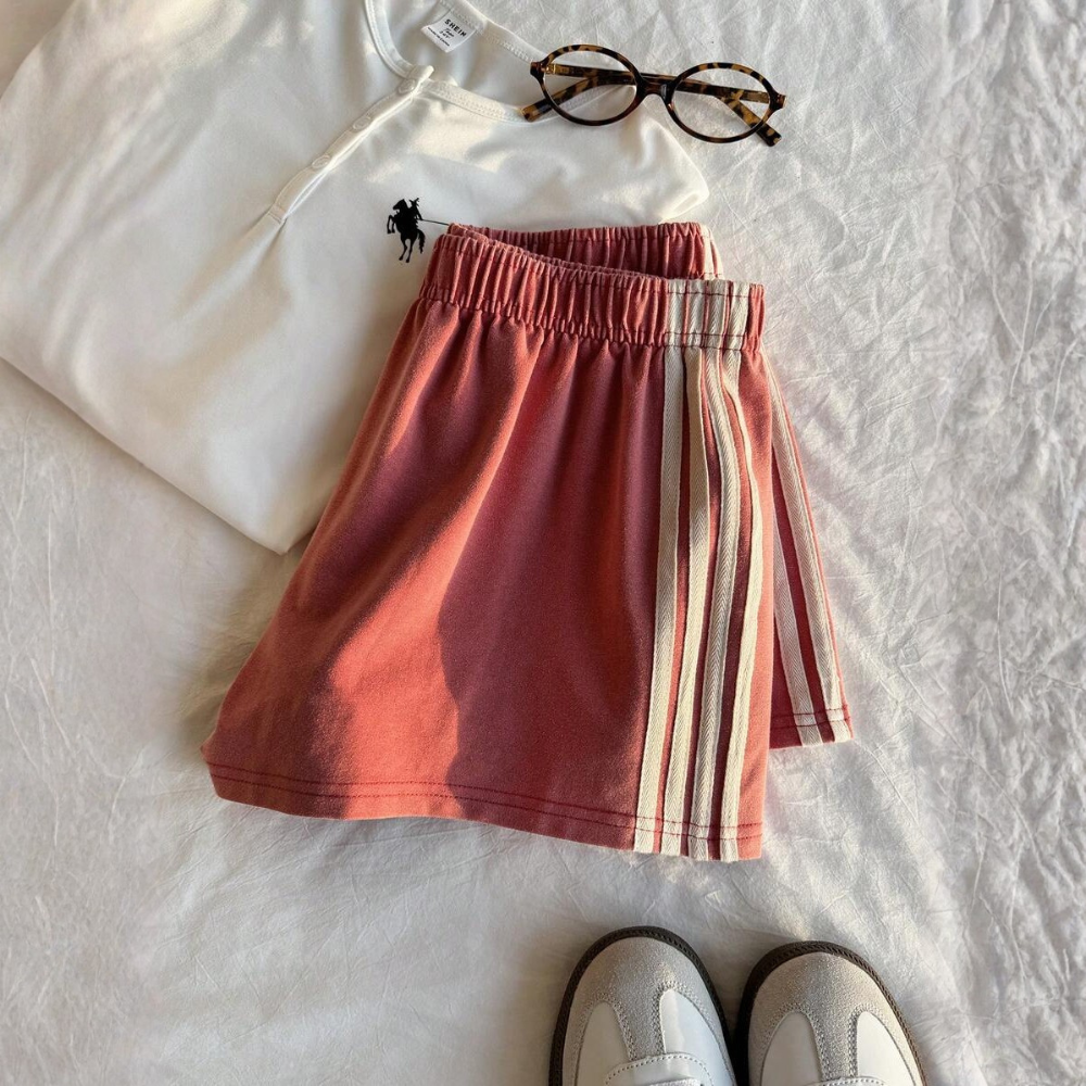 Vintage Washed Knit Cotton Striped Wide Shorts For Women