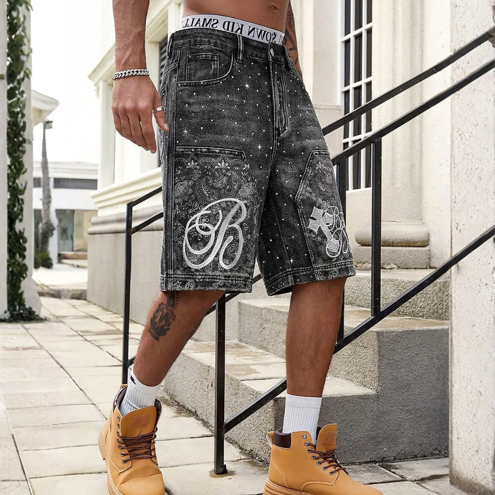 Men’s Rhinestone Decor Denim Shorts Casual Summer