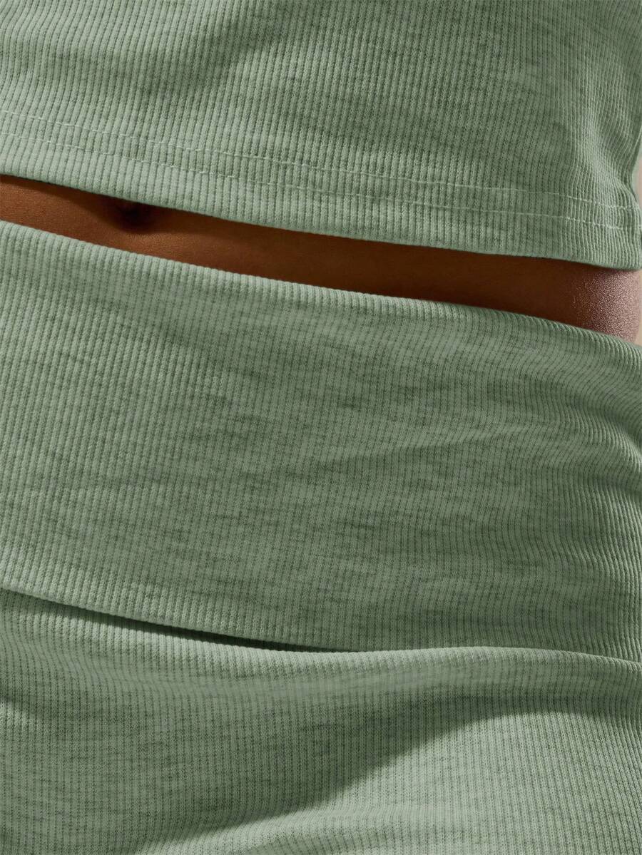 MUSERA ESSENTIALS Rib Fold Over Waist Mini Shorts Basic Spring Summer Vacation Holiday Pants - Army Green - View 6