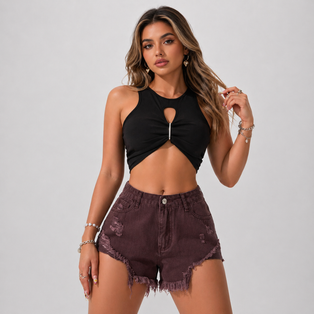 Fringe And Hem Everyday Denim Shorts Y2k Ripped For Women