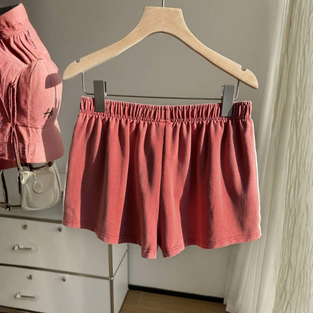 Vintage Washed Knit Cotton Striped Wide Shorts For Women