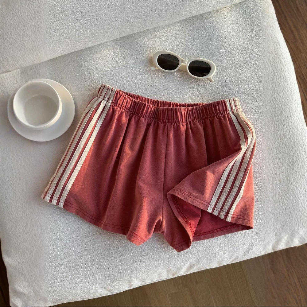Vintage Washed Knit Cotton Striped Wide Shorts For Women