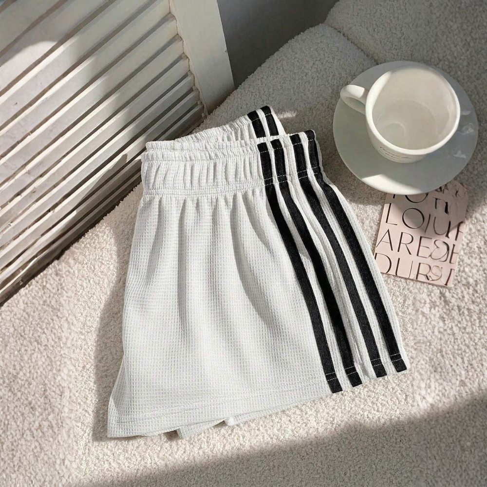 Vintage Washed Knit Cotton Striped Wide Shorts For Women