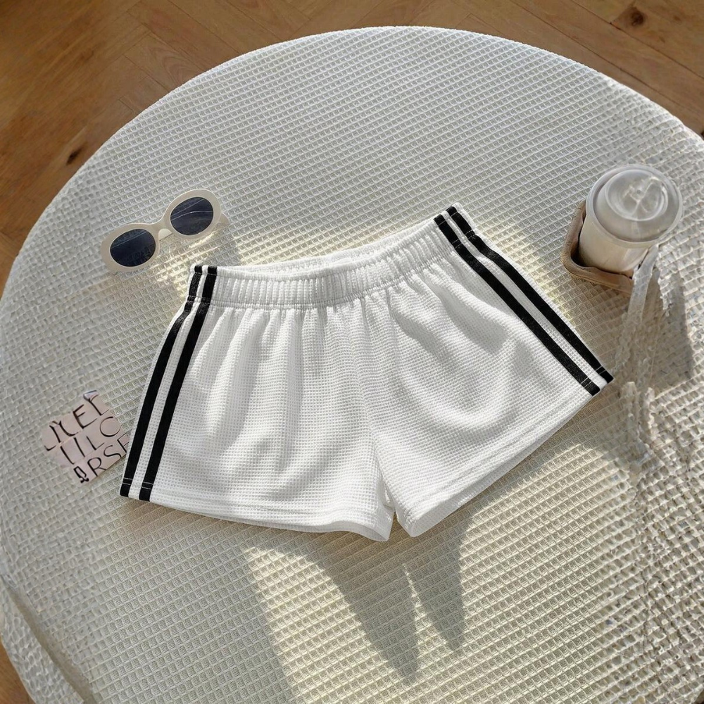Vintage Washed Knit Cotton Striped Wide Shorts For Women