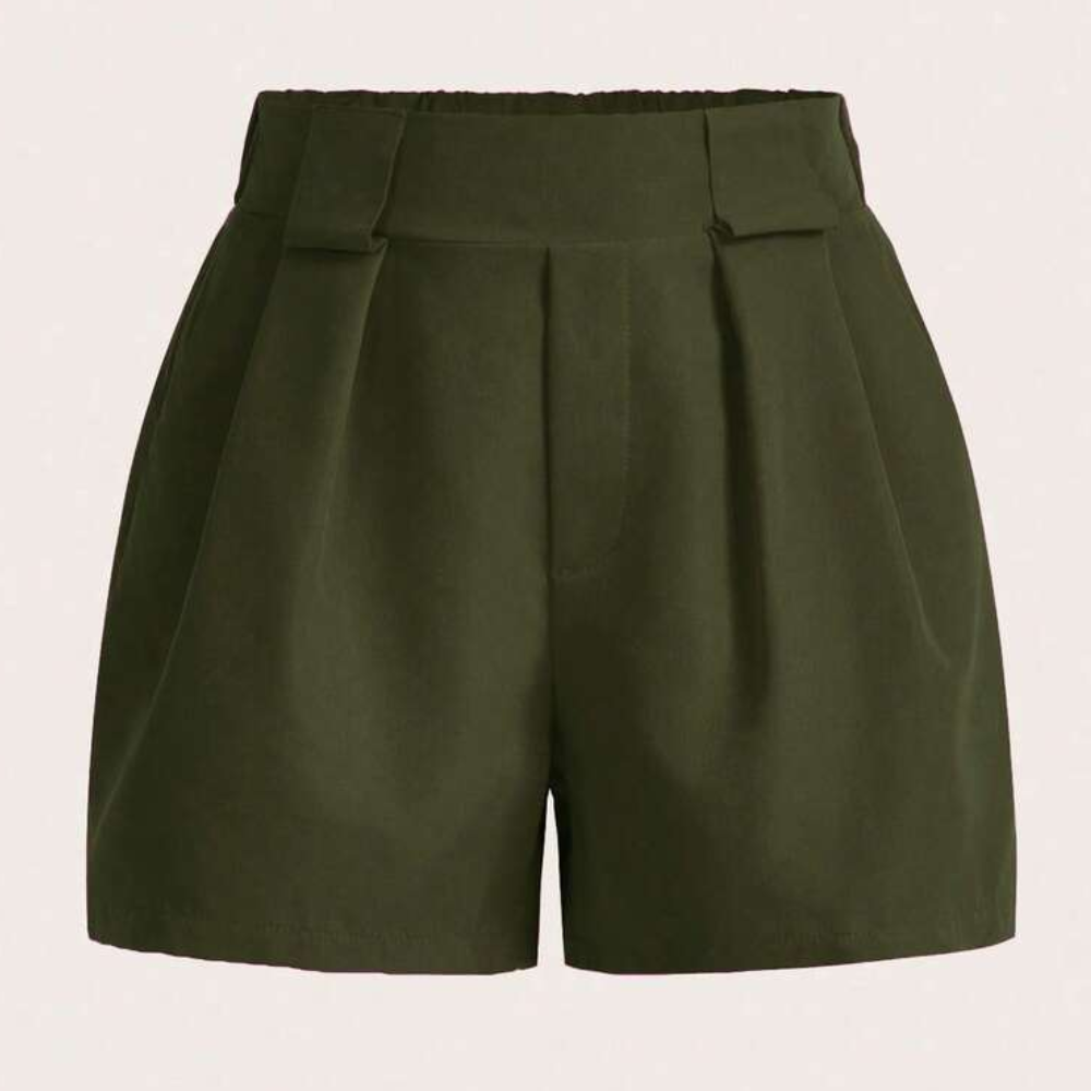 Solid Color Pleated Casual Pocket Shorts For Women