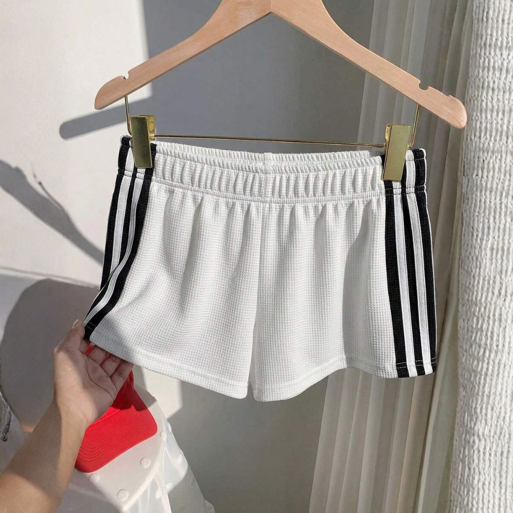 Vintage Washed Knit Cotton Striped Wide Shorts For Women