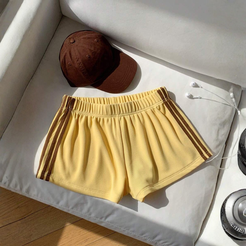 Vintage Washed Knit Cotton Striped Wide Shorts For Women