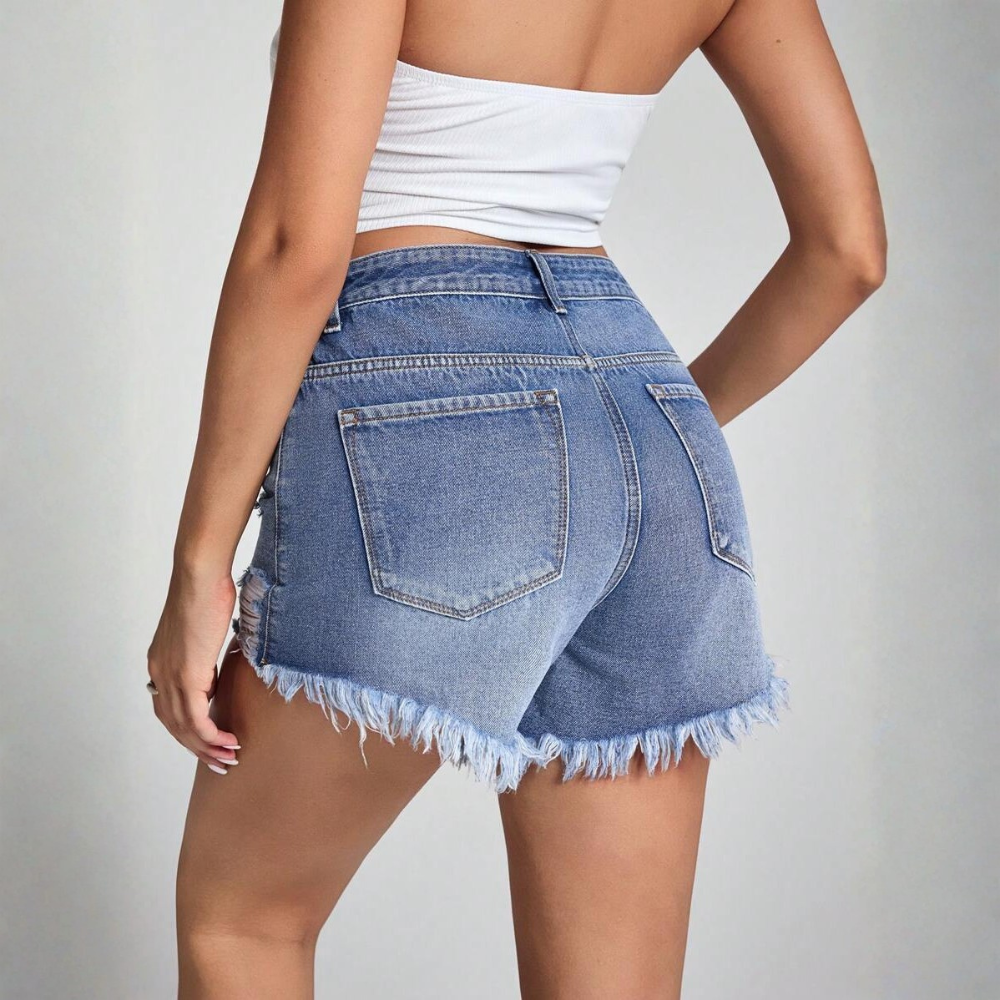 Fringe And Hem Everyday Denim Shorts Y2k Ripped For Women