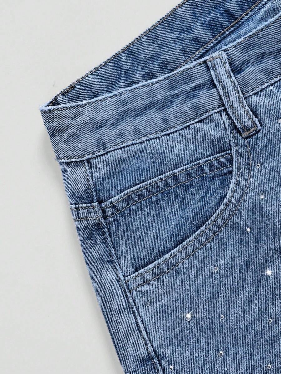 Women's Rhinestone Embellished Washed Denim Straight Leg Shorts - Medium Wash - View 5