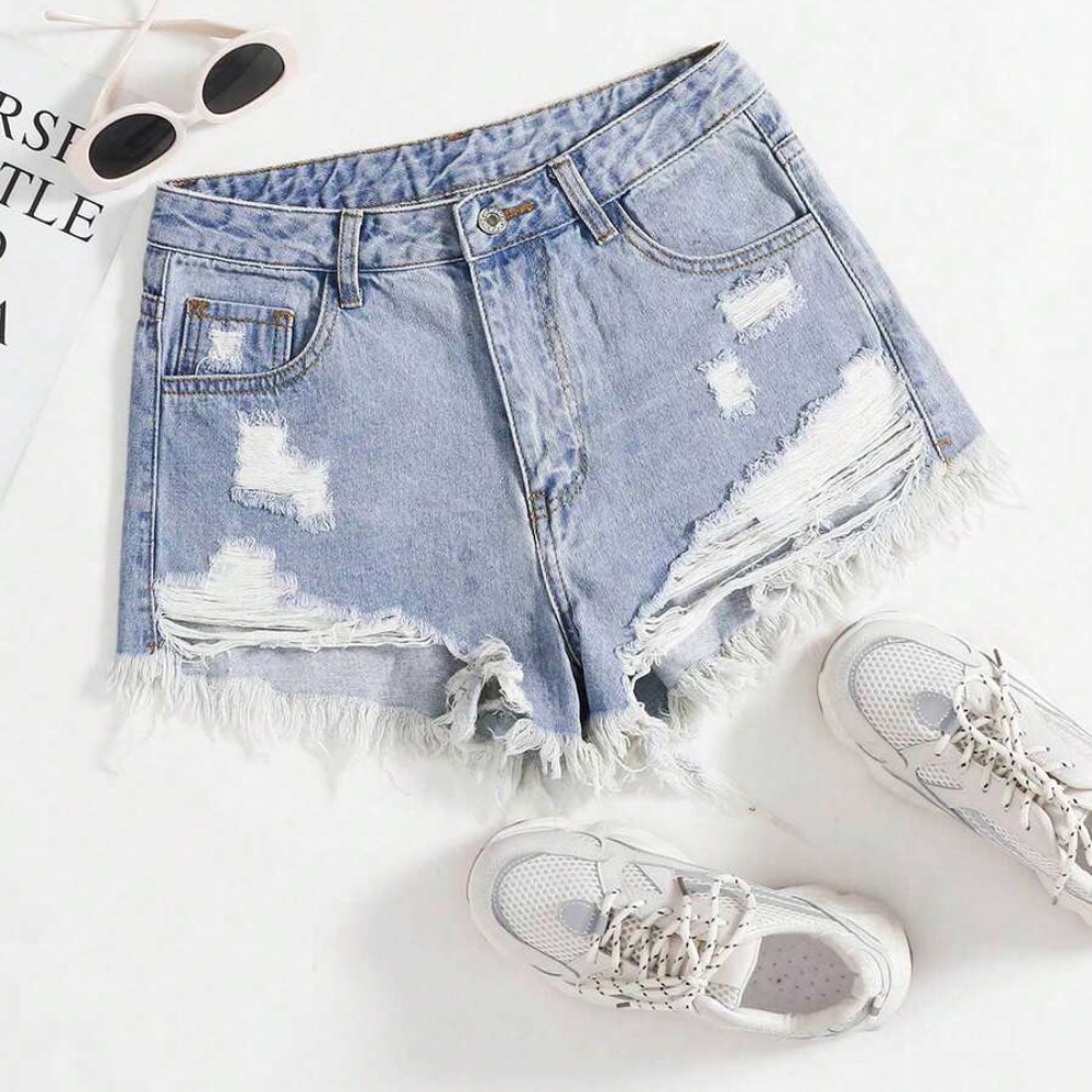 Fringe And Hem Everyday Denim Shorts Y2k Ripped For Women