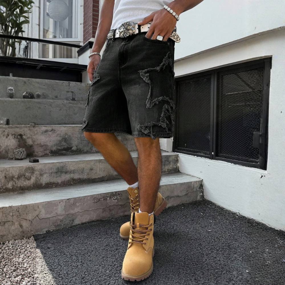 Men’s Distressed Wide Leg Denim Shorts Streetwear