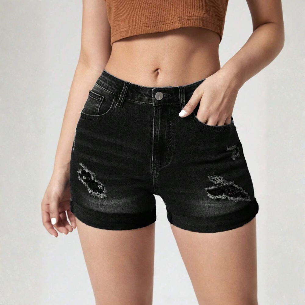High Waist Frayed Edge Denim Shorts For Womens