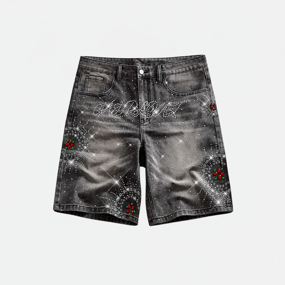 Men’s Washed Denim Shorts With Rhinestone Design
