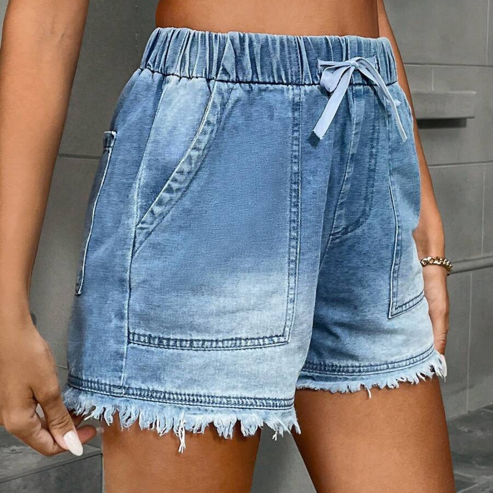 Casual Drawstring Frayed Hem Denim Shorts For Women