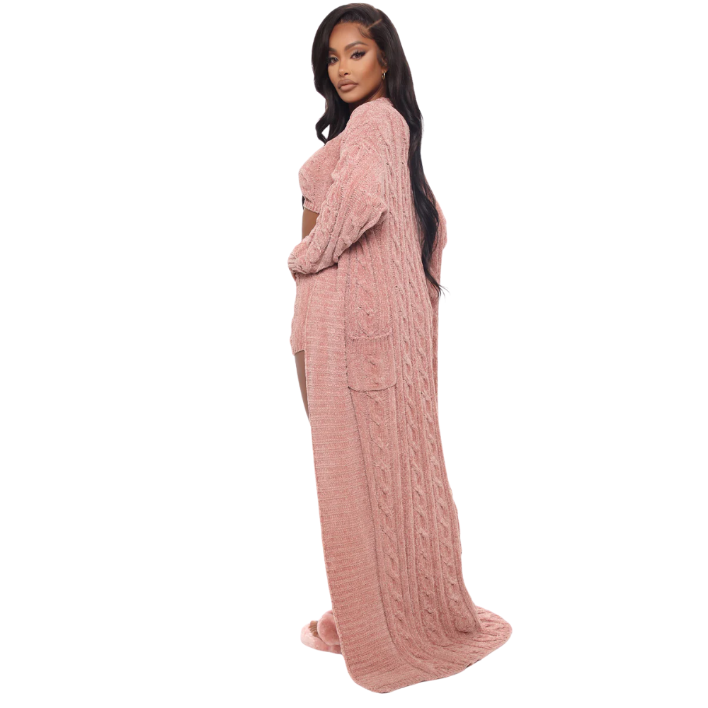 Cable Knit Crop Sweater Shorts And Cardigan 3 Piece Set For Women