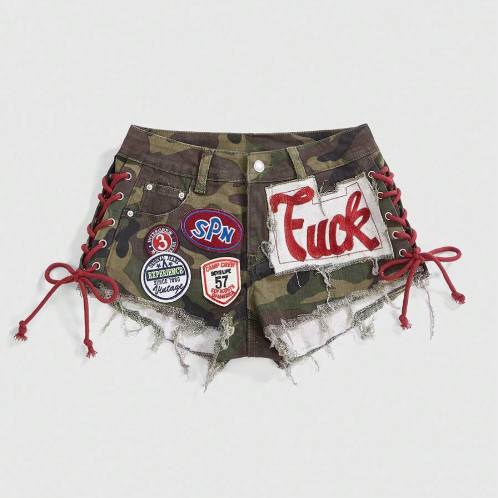 Spring And Summer Retro Sports Embroidered Drawstring Low Waist Shorts For Women