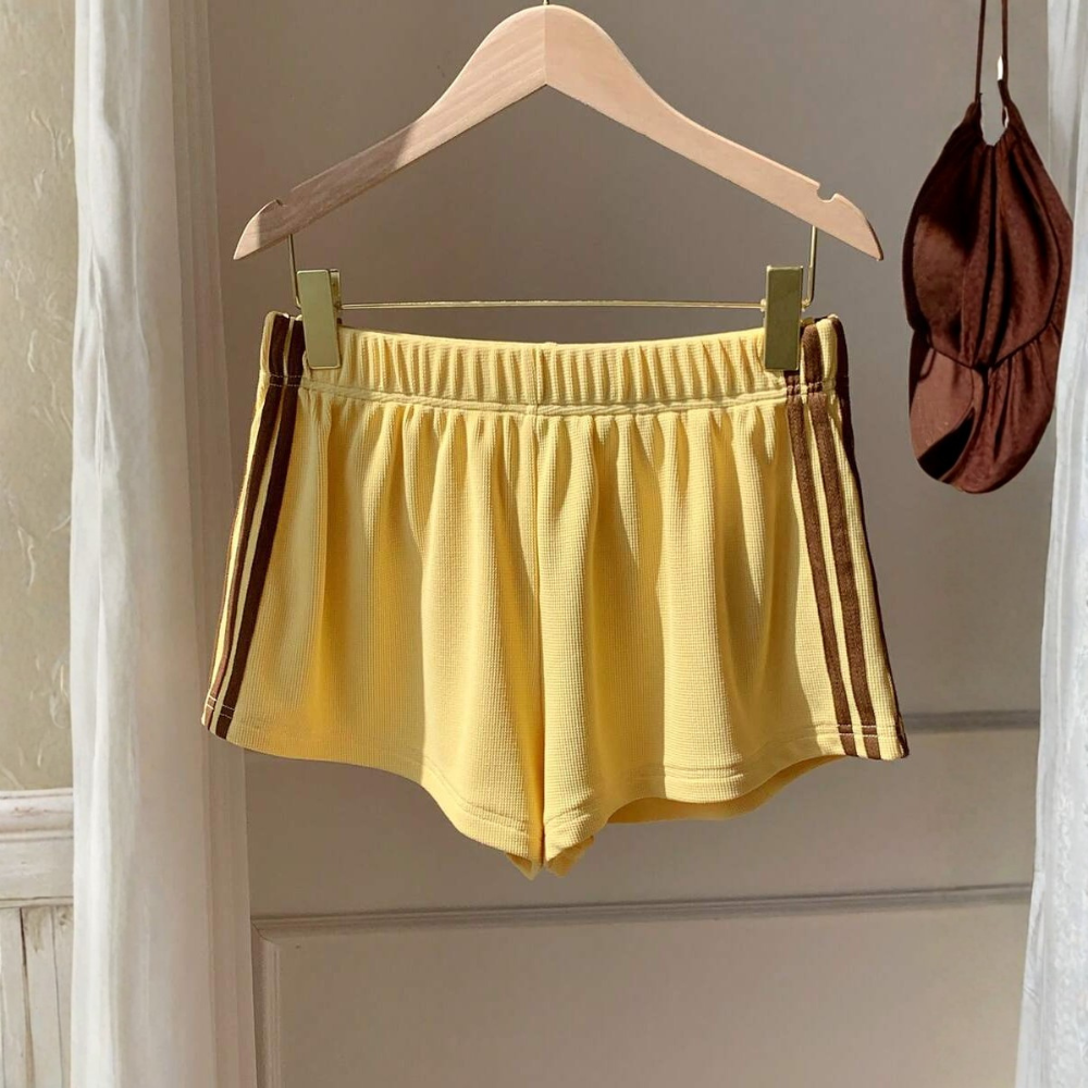 Vintage Washed Knit Cotton Striped Wide Shorts For Women