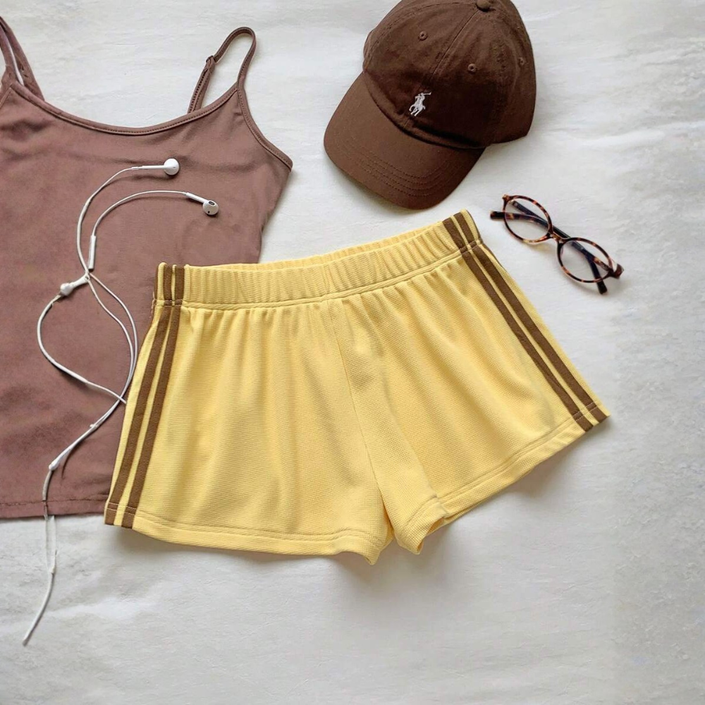 Vintage Washed Knit Cotton Striped Wide Shorts For Women