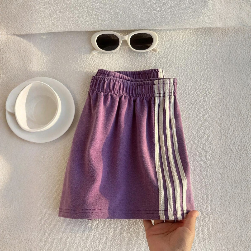 Vintage Washed Knit Cotton Striped Wide Shorts For Women