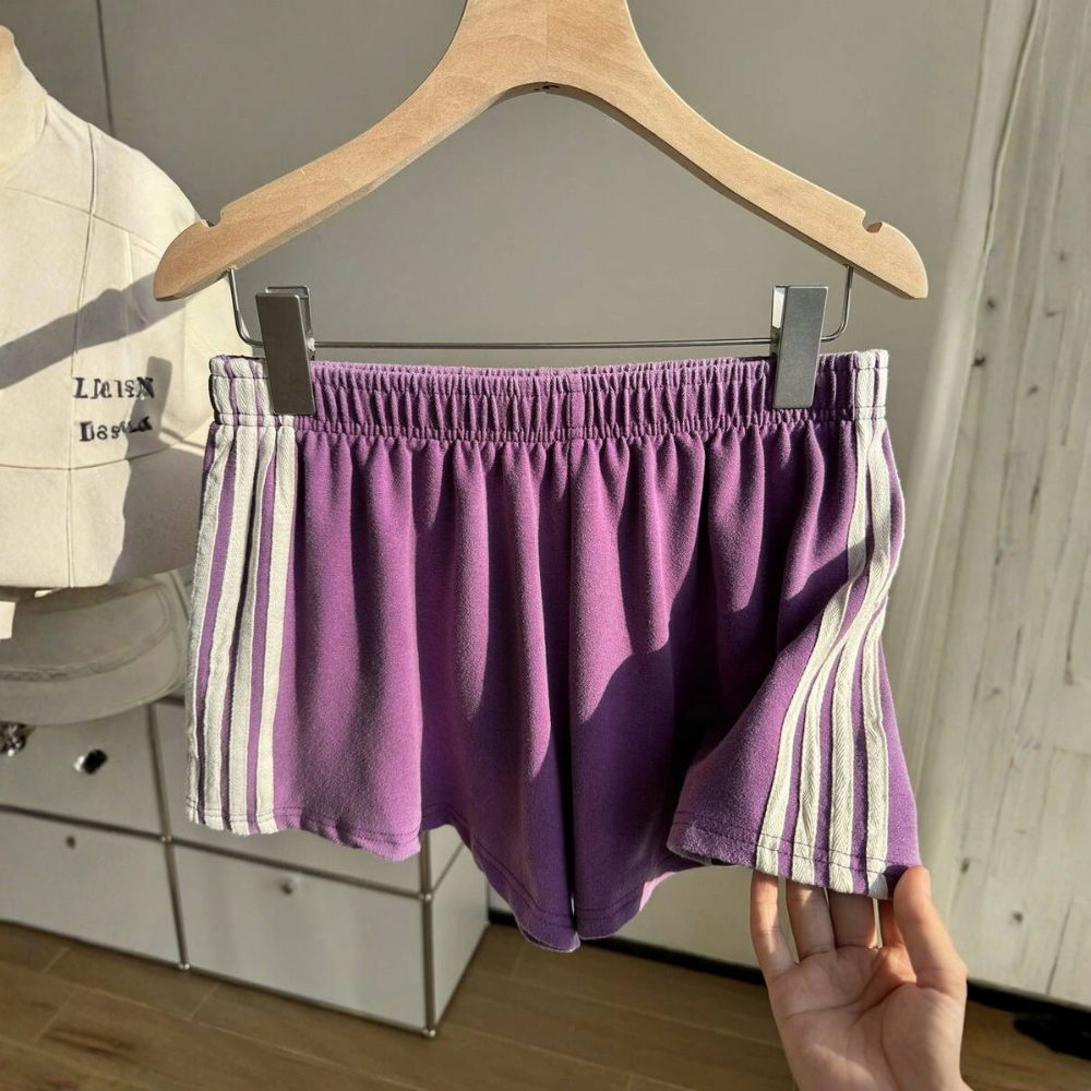 Vintage Washed Knit Cotton Striped Wide Shorts For Women