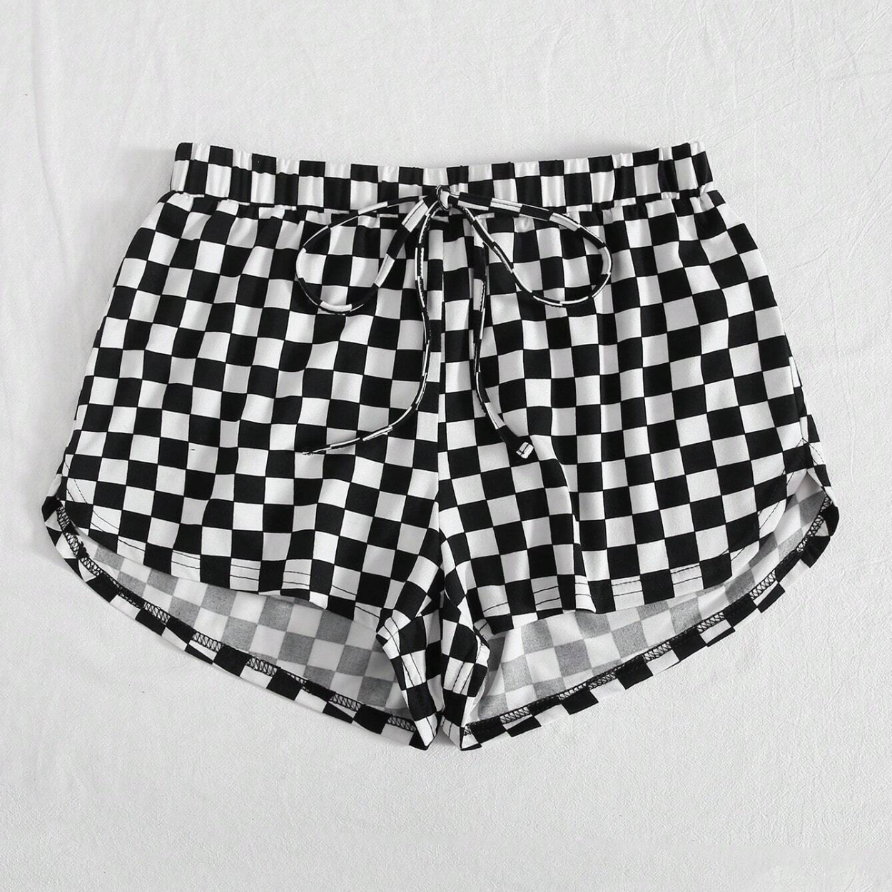 Checkered Printed Loose Fit Drawstring Shorts For Women