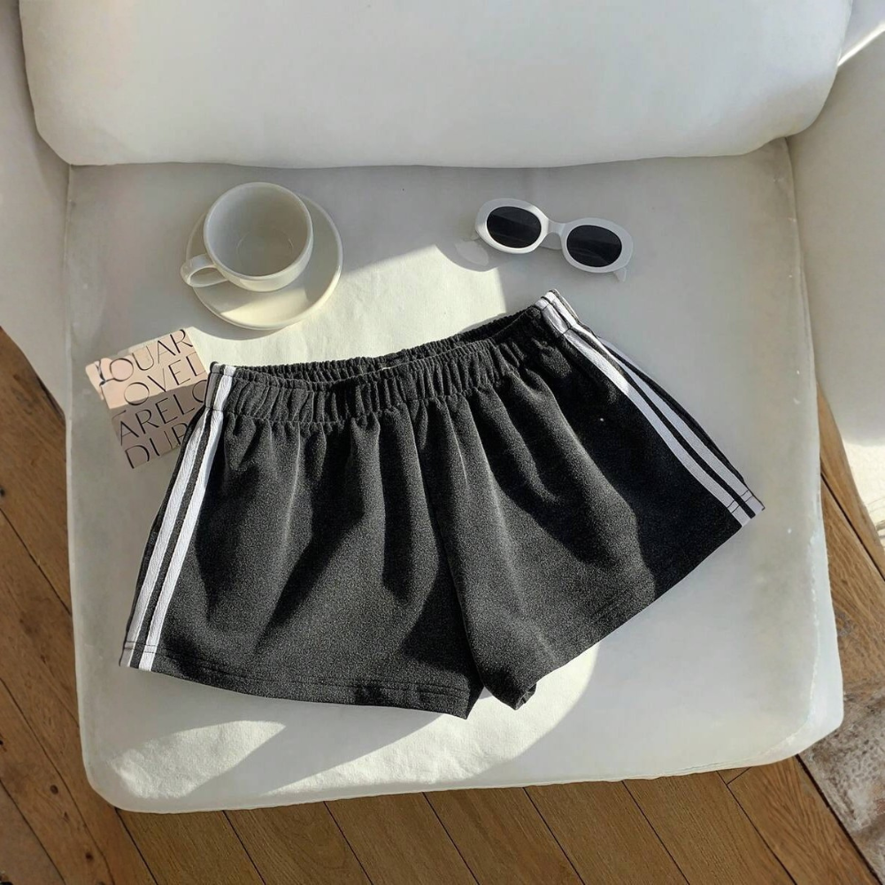 Vintage Washed Knit Cotton Striped Wide Shorts For Women